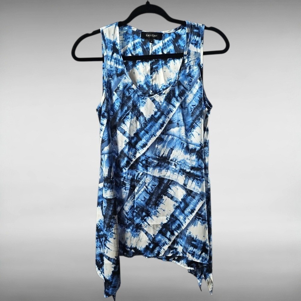 Karen Kane Boho Coastal Tie Dye Handkerchief Hem Top Blue Sleeveless Womens XS